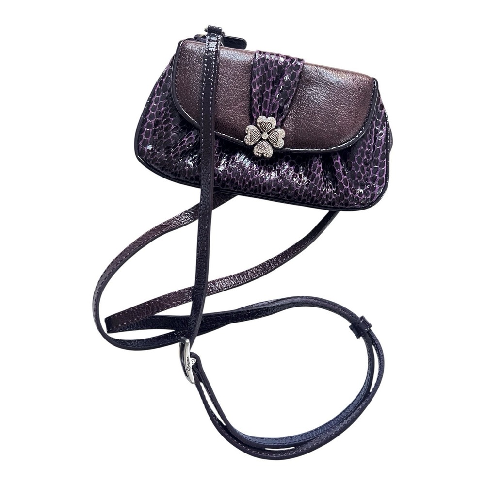 BRIGHTON Crossbody Purple Lucky Clover Heart Snakeskin Leather Mini Purse Clutch